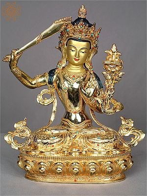 13" Seated Manjushri Idol with Sword | Gilded Copper Statue from Nepal