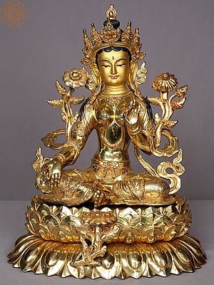 13" Seated Goddess Green Tara Statue From Nepal