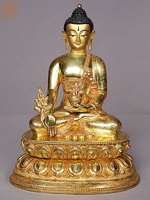9" Medicine Buddha Statue Seated on Pedestal From Nepal