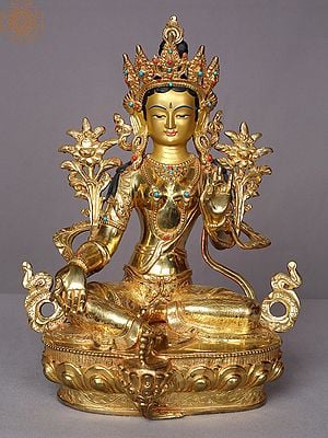 13" Goddess Green Tara Idol | Gilded Copper Nepalese Statue