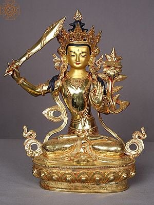 14" Seated Manjushri Copper Statue with Sword from Nepal