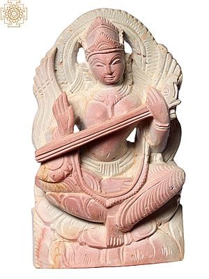 4" Small Size Hindu Goddess Saraswati Pink Stone Statue Playing Sitar