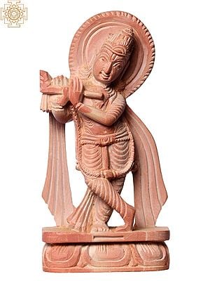 4" Small Size God Krishna Idol Playing Flute | Pink Stone Sculpture