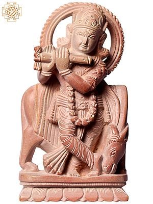 3" Standing Krishna Pink Stone Idol With Cow