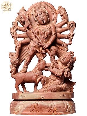 8" Goddess Durga Killing Mahishasura by Trident - Pink Stone Statue