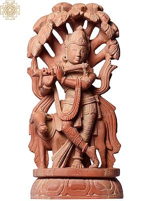 10" Standing Krishna Idol with Flute | Pink Stone Statue