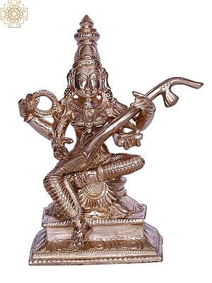 5" Goddess Saraswati Idol Seated with Veena | Bronze Statue