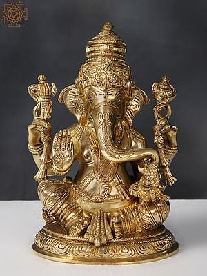 9" Brass Four Armed Sitting Lord Ganesha