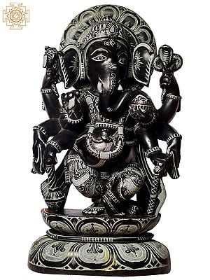 15" God Ganesha With Multiple Hands In Black Stone