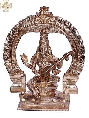 12" Hindu Goddess Saraswati Bronze Sculpture with Arch
