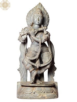 17" Hindu God Shri Krishna Playing Flute In Green Stone