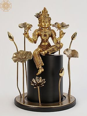18" Brass Goddess Lakshmi Seated on Wooden Pedestal