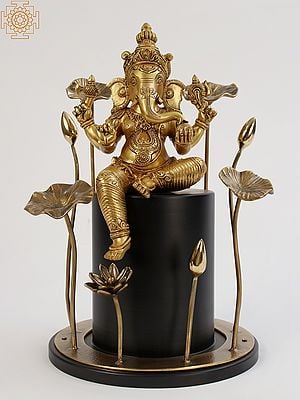 19" Brass Chaturbhuja Lord Ganesha Seated on Wooden Pedestal