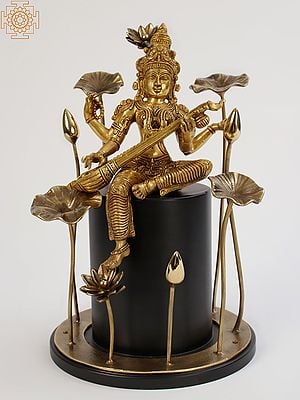 19" Brass Goddess Saraswati Seated on Wooden Pedestal