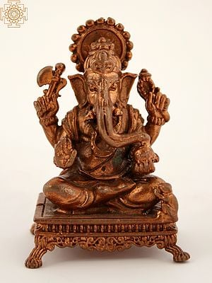 3" Small Copper Statue God Ganesha Seated on Chowki