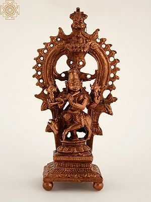 4" Copper Small Hindu Deity Krishna Idol Playing Flute On Throne