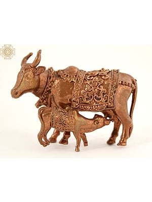 4" Small Holy Animal Cow With Calf | Copper