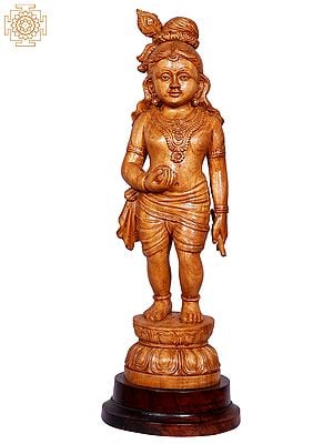 15" Bal Krishna Whitewood Statue Standing on Pedestal