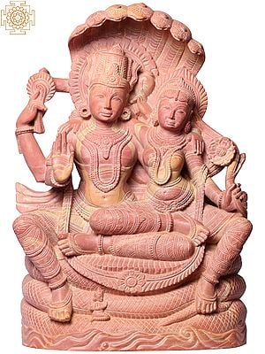15" Lakshmi Narayan Pink Stone Statue Seated On Pedestal