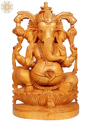 12" Blessing Lord Ganesha Idol Seated on Lotus | White Wood Statue