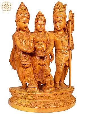 13" Lord Shiva And Parvati Standing With Vishnu - White Wood Statue