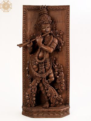 36" Large Wooden Lord Krishna Playing Flute | Wall Panel