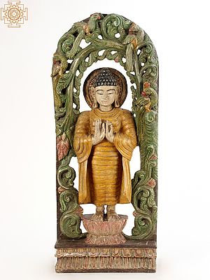 36" Large Wooden Standing Lord Buddha in Dharmachakra Mudra | Wall Panel
