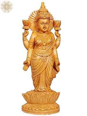 11" Goddess Lakshmi Idol Standing on Lotus | Wooden Sculpture