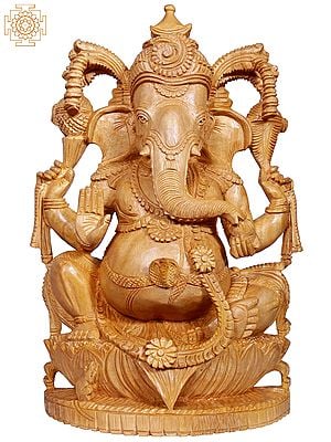 14" Lord Ganpati Idol Seated on Pedestal | White Wood Statue