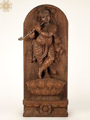 36" Large Wooden Lord Krishna Playing Flute | Wall Panel