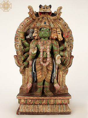 24" Wooden Panchmukhi Lord Hanuman with Kirtimukha | Wall Panel