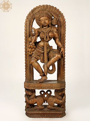 47" Large Wooden Dancing Apsara with Yali Pair on Base