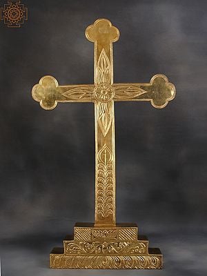 34" Large Jesus Cross Sign with Stand | Brass