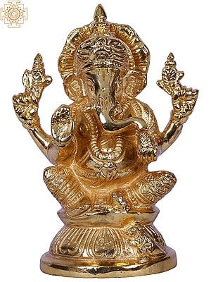4" Lord Ganesha Idol Seated on Pedestal | Gold Plated Brass Statue