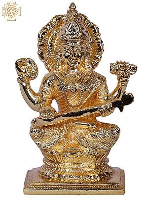 4" Goddess Saraswati Seated With Veena | Gold Plated Brass Statue