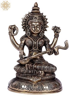 8" Brass Goddess Saraswati Statue Seated on Throne With Veena