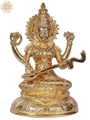 7" Goddess Saraswati Seated On Throne | Gold Plated Brass Statue