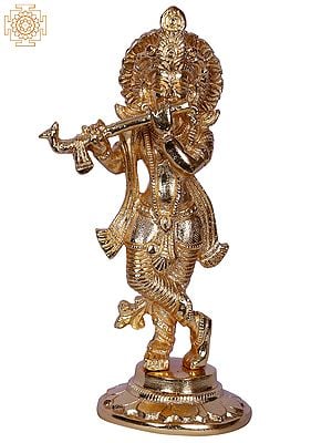 6" Lord Krishna Standing With Flute | Gold Plated Brass Statue