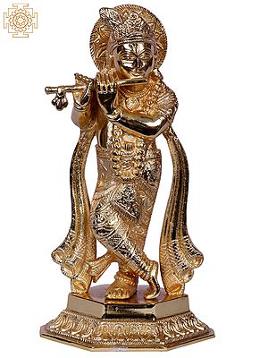 8" Lord Krishna Standing With Flute| Gold Plated Brass Statue