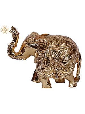 4'' Small Traditional Dressed Elephant Statue with Gold-Plated Brass