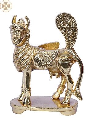 5" Brass Kamadhenu Idol With Peacock Tail | Oval Base | Gold Plated