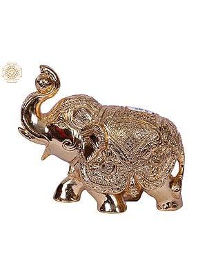 4'' Small Elephant Statue With Playing With Ball | Gold-Plated Brass Figurines