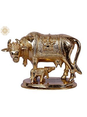 5" Mother Cow with Calf | Decorated Gold Plated Brass Statue