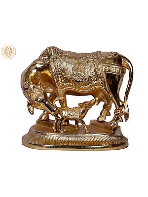 8" Mother Cow With Calf | Decorated Gold Plated Brass Statue