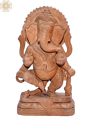 12" Four Hand Ganesha Wooden Sculpture | Carved from wood of Odisha