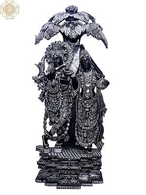43" Superfine Stone Statue Lord Krishna With Radha Standing On Pedestal