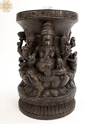 16" Wooden Table Base with Ganesha Lakshmi Saraswati Theme