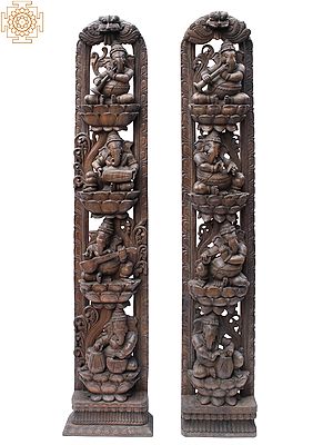 97" Large Wooden Vertical Musical Ganesha Panels (Pair)