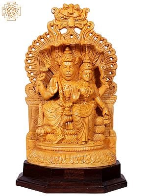 16" Lord Narsimha With Lakshmi Seated On Pedestal | Wooden Statue