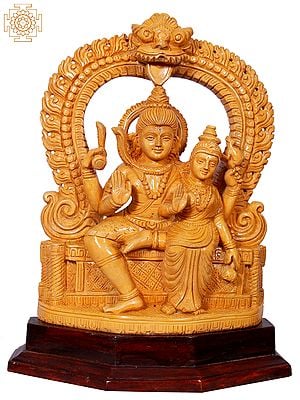 13" Lord Shiva with Parvati Seated On Pedestal | Wooden Statue